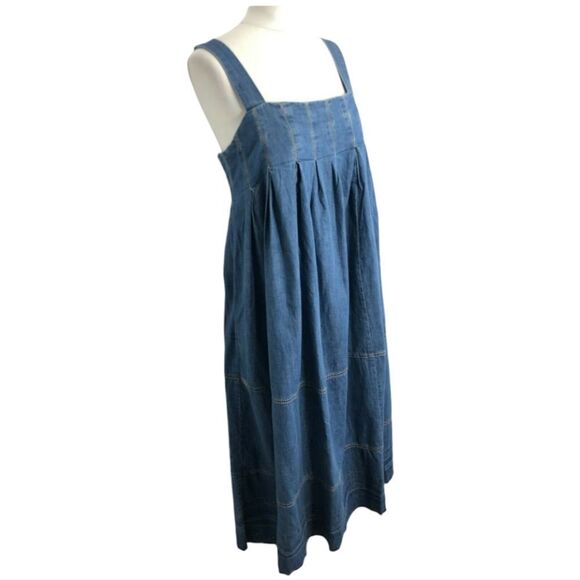 Free people blue long maxi denim dress pleated size s pinafore - Picture 2 of 7